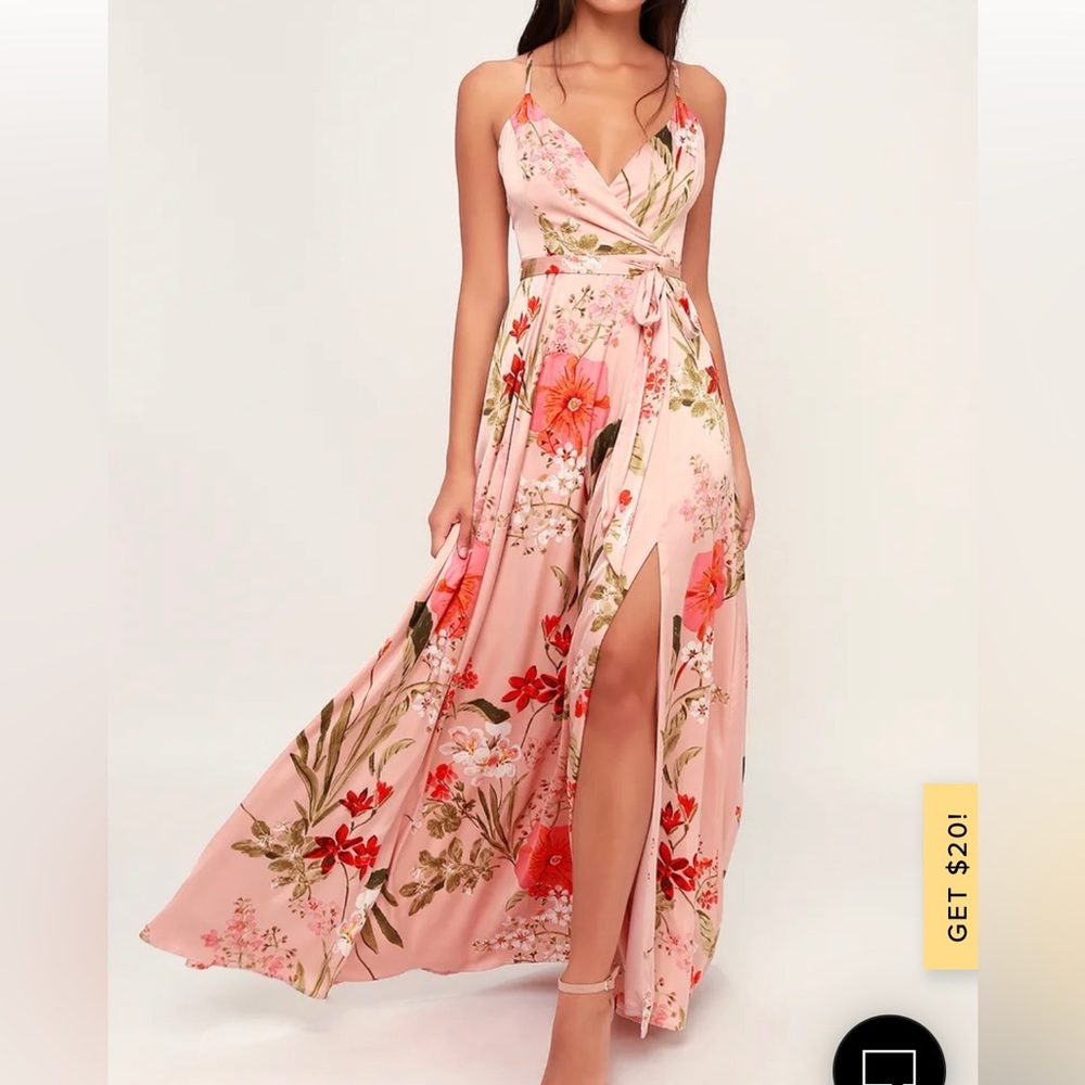 Lulus Still the One Blush Pink Floral Print Satin Maxi Dress